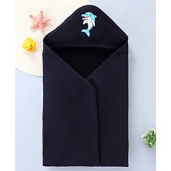 Babyhug Terry Cotton Knit Hooded Towel with Dolphin Patch L 76 x B 76 cm - Navy Blue