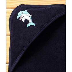 Babyhug Terry Cotton Knit Hooded Towel with Dolphin Patch L 76 x B 76 cm - Navy Blue
