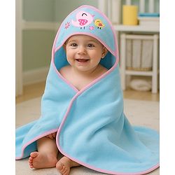 Babyhug Terry Knit Hooded Towel with Bird Embroidery & Polka Dot Print L 76.2 x B 76.2 cm - Light Blue
