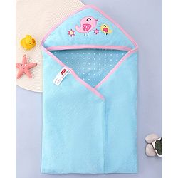 Babyhug Terry Knit Hooded Towel with Bird Embroidery & Polka Dot Print L 76.2 x B 76.2 cm - Light Blue