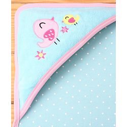 Babyhug Terry Knit Hooded Towel with Bird Embroidery & Polka Dot Print L 76.2 x B 76.2 cm - Light Blue