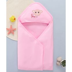 Babyhug Cotton Interlock Knit Hooded Towel with Bear Print L 76.2 x B 76.2 cm - Pink