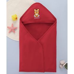 Babyhug Cotton Interlock Knit Hooded Towel with Tiger Print L 76.2 x B 76.2 cm - Red
