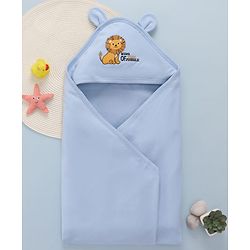Babyhug Cotton Interlock Knit Hooded Towel with Lion Print L 76.2 x B 76.2 cm - Light Blue