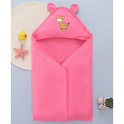 Babyhug Cotton Interlock Knit Hooded Towel with Giraffe Print L 76.2 x B 76.2 cm - Pink