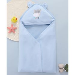 Babyhug Cotton Interlock Knit Hooded Towel with Hippo Print L 76.2 x B 76.2 cm - Light Blue