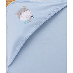 Babyhug Cotton Interlock Knit Hooded Towel with Hippo Print L 76.2 x B 76.2 cm - Light Blue