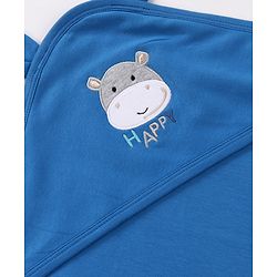 Babyhug Cotton Interlock Knit Hooded Towel with Hippo Print L 76.2 x B 76.2 cm - Light Blue