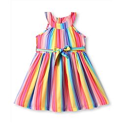 Babyhug Cotton Woven Sleeveless Striped Dress With Bow Applique - Multicolor