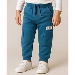 Babyhug Cotton Looper Knit Full Length Cut & Sew Lounge Pant with Patch Detailing - Teal Blue