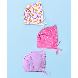 Babyhug 100% Cotton Woven Caps with Cherry & Polka Dots Print Pack of 3 Dark Pink White & Purple - Diameter 15 cm