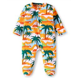 Babyhug Cotton Knit Full Sleeves Footed Sleep Suit With Tropical Print - Multicolor