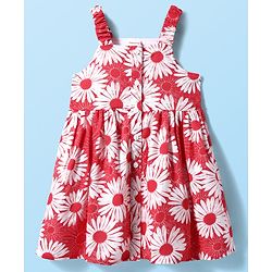 Babyhug Cotton Woven Sleeveless Front Open Frock with Floral Print - Red