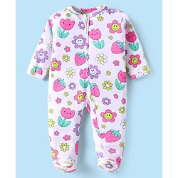 Babyhug Cotton Knit Full Sleeves Footed Sleep Suit With Floral & Fruit Print - White
