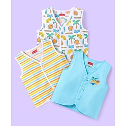 Babyhug Cotton Sleeveless Front Open Jhabla with Stripes & Beach Print Pack of 3 - Light Blue