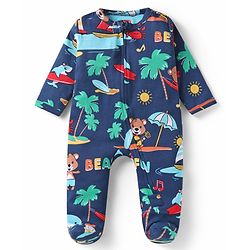 Babyhug Cotton Knit Full Sleeves Footed Sleepsuit with Animal Print - Navy Blue