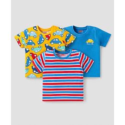 Babyhug Cotton Knit Half Sleeves T-Shirts With Stripes & Vehicle Print Pack Of 3 - Yellow & Blue