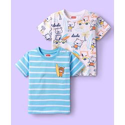 Babyhug Cotton Knit  Half Sleeves T-Shirts with Stripes & Animal Print Pack of 2 - Light Blue