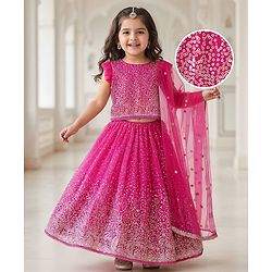 Babyhug Woven Sleeveless Lehenga Choli Set And Dupatta With Sequinned Embroidery & Lace Detailing - Dark Pink