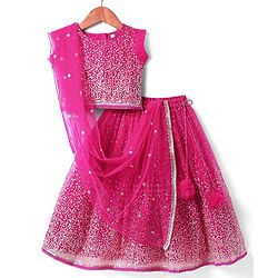 Babyhug Woven Sleeveless Lehenga Choli Set And Dupatta With Sequinned Embroidery & Lace Detailing - Dark Pink