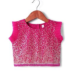 Babyhug Woven Sleeveless Lehenga Choli Set And Dupatta With Sequinned Embroidery & Lace Detailing - Dark Pink