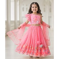 Babyhug Net Woven Off Shoulder Floral Sequenced Embroidered Choli Lehenga Set With and Dupatta - Pink