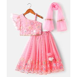 Babyhug Net Woven Off Shoulder Floral Sequenced Embroidered Choli Lehenga Set With and Dupatta - Pink