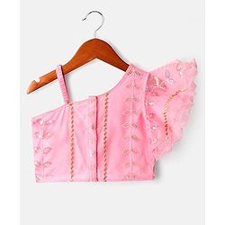 Babyhug Net Woven Off Shoulder Floral Sequenced Embroidered Choli Lehenga Set With and Dupatta - Pink