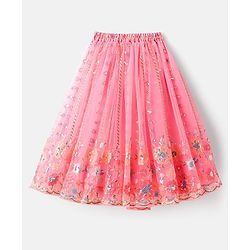 Babyhug Net Woven Off Shoulder Floral Sequenced Embroidered Choli Lehenga Set With and Dupatta - Pink