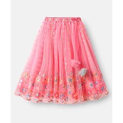 Babyhug Net Woven Off Shoulder Floral Sequenced Embroidered Choli Lehenga Set With and Dupatta - Pink