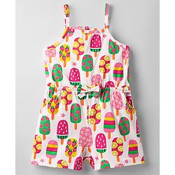 Babyhug Cotton Knit Sleeveless Jumpsuit With Ice Cream Print - White