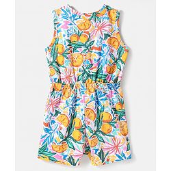 Babyhug Cotton Knit Sleeveless Jumpsuit with Tropical Theme Print - White
