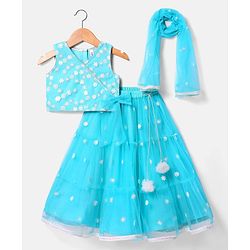 Babyhug Woven Sleeveless Floral Embroidered Choli Lehenga & Dupatta Set with Sequin & Tassel Detailing - Turquoise