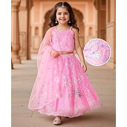 Babyhug Woven Sleeveless Floral Sequenced Embroidered Choli Lehenga Set With Dupatta - Pink
