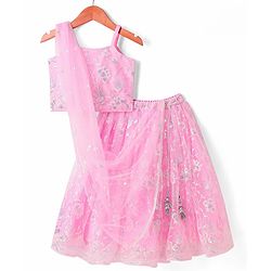 Babyhug Woven Sleeveless Floral Sequenced Embroidered Choli Lehenga Set With Dupatta - Pink