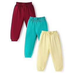 Babyhug Cotton Jersey Knit Full Length Solid Lounge Pants Pack of 3 - Light Yellow Turquoise & Maroon