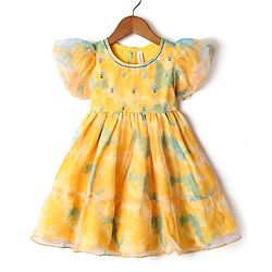 Babyhug Cotton Woven Puffed Sleeves Front Open Frock with Floral Embroidery - Pink main image 0