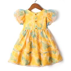 Babyhug Woven Puffed Sleeves Organza Ethnic Dress with Floral Embroidery - Yellow