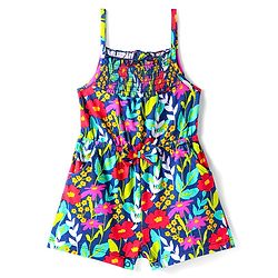Babyhug Cotton Knit Singlet Sleeves Jumpsuit With Floral Print - Navy Blue