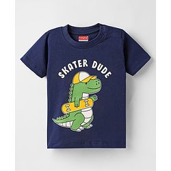 Babyhug Cotton Knit Half Sleeves T-Shirt with Dino Print - Navy Blue