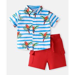 Babyhug Single Jersey Knit Half Sleeves Shirt & Shorts Set with Stripes & Bird Print - Blue & Red