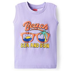 Babyhug Cotton Knit Sleeveless Tank T-Shirt With Beach Sea & Sand Text Print - Purple