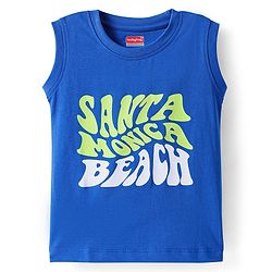 Babyhug Cotton Knit Sleeveless Tank T-Shirt With Santa Monica Text Print - Blue
