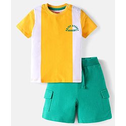 Babyhug Single Jersey Knit Half Sleeves T-Shirt & Shorts Set with Color Block & Text Print - White Yellow & Green