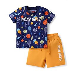 Babyhug Single Jersey Knit Half Sleeves T-Shirt & Shorts Set with Sports Theme Print - Navy Blue & Mustard