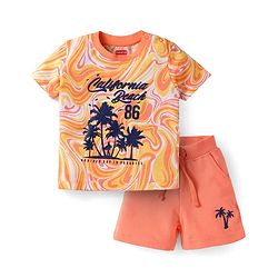 Babyhug Single Jersey Knit Half Sleeves T-Shirt & Shorts Set with Beach Theme Text Print - Peach