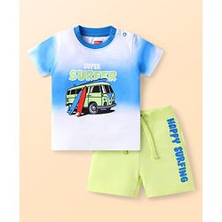 Babyhug Single Jersey Knit Half Sleeves T-Shirt & Shorts Set with Beach Theme Print - Light Green & White