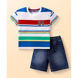 Babyhug Single Jersey Knit Half Sleeves T-Shirt & Denim Shorts Set with Stripes & Sport  Theme Print - White & Blue
