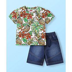 Babyhug Single Jersey Knit Half Sleeves T-Shirt & Denim Shorts Set with Pineapple Print - Multicolor