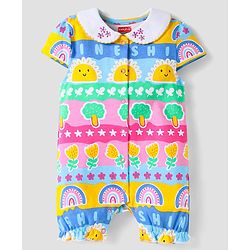 Babyhug 100% Cotton Knit Half Sleeves Peter Pan Romper with Tropical Print - Pink & Light Green